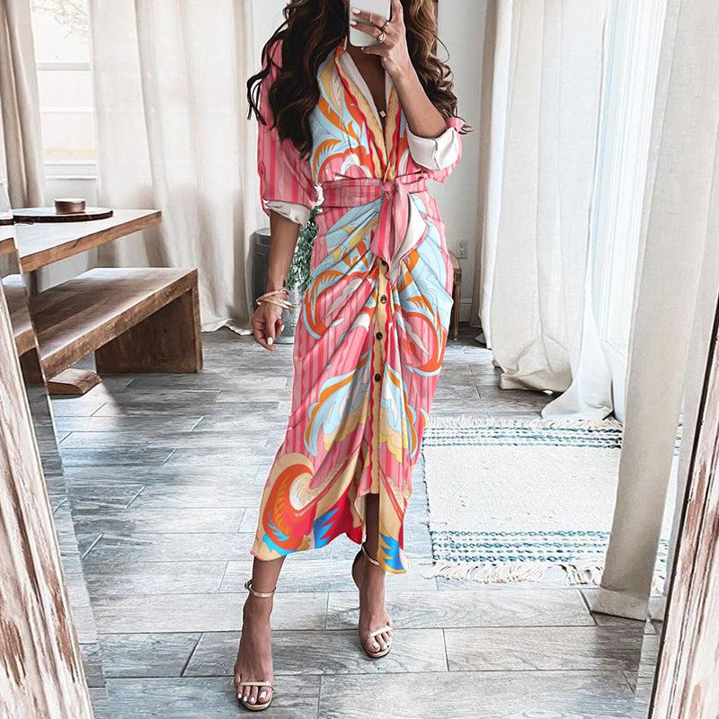 Dresses - European And American Print Long-Sleeved Lace-Up Single-Breasted Shirt Dress - Γυναικεία μόδα σε εξαιρετικές τιμές! - Minx.gr🥇