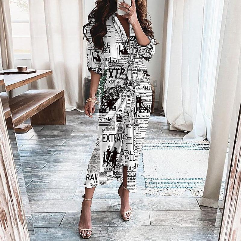 Dresses - European And American Print Long-Sleeved Lace-Up Single-Breasted Shirt Dress - Γυναικεία μόδα σε εξαιρετικές τιμές! - Minx.gr🥇